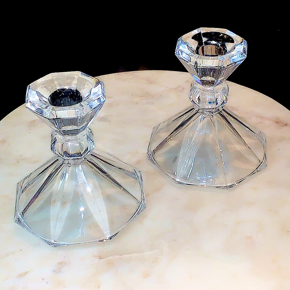 OLEG CASSINI CANDLESTICKS HOLDERS CRYSTAL 24% LEAD SET OF 2 VINTAGE
